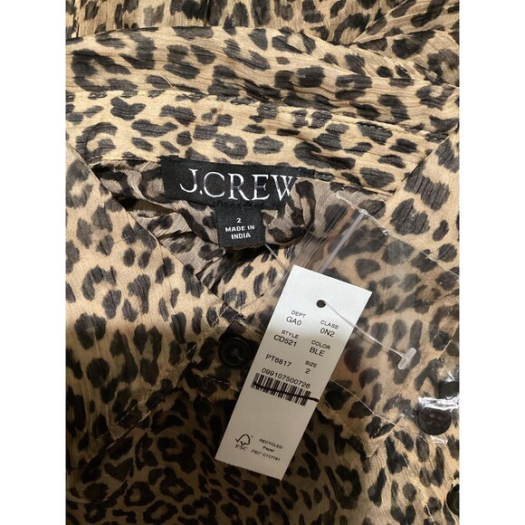 J Crew Shirt Womens 2 Brown Leopard Print Sheer Button Up Top Long Sleeve Animal - Picture 6 of 7